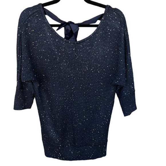 Soho Sweater Womens Small Blue Sparkle Back Tie Scoop 3/4 Sleeve - Picture 1 of 6